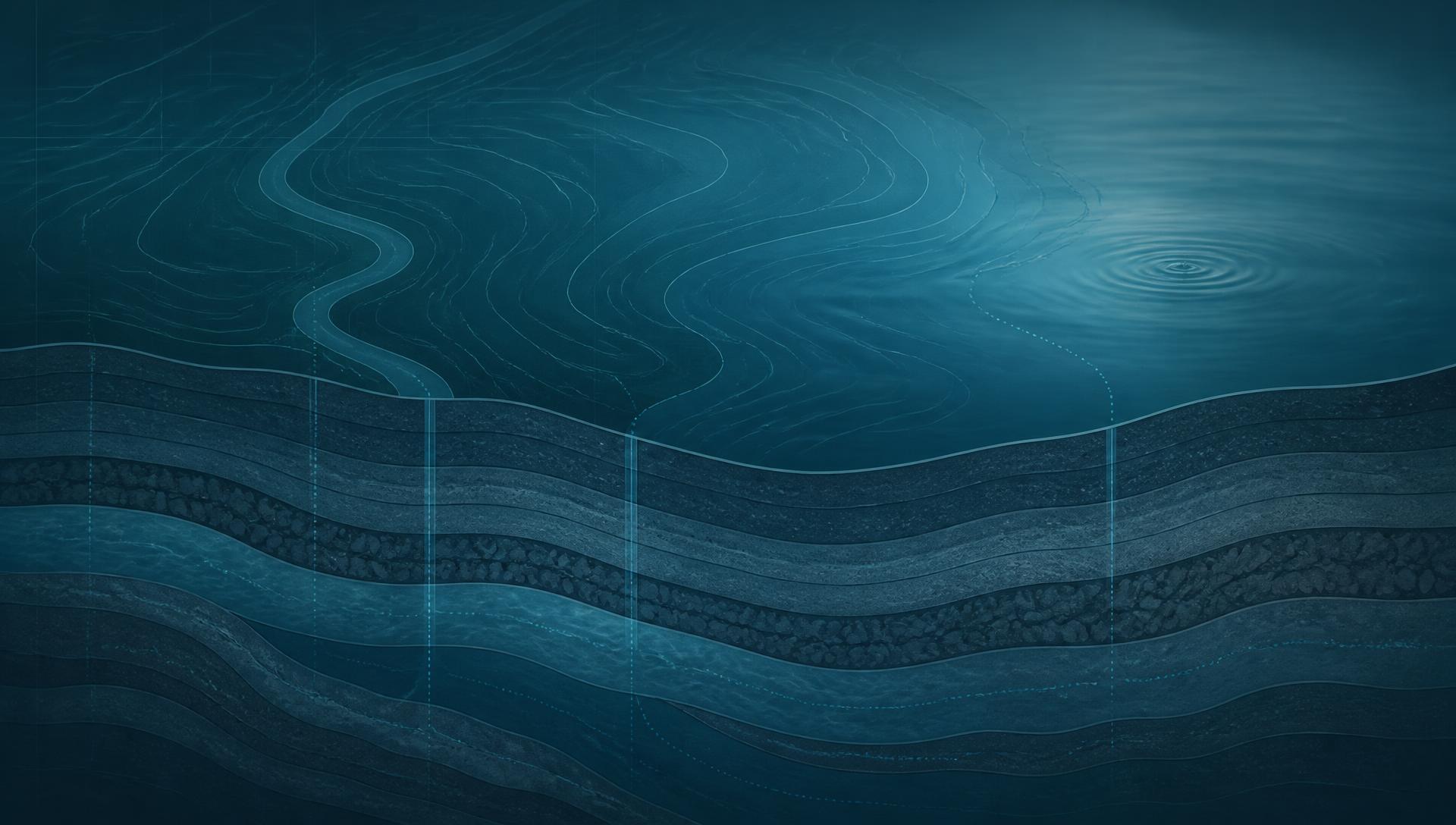 Cross-section illustration of Botswana groundwater aquifer layers and contour lines